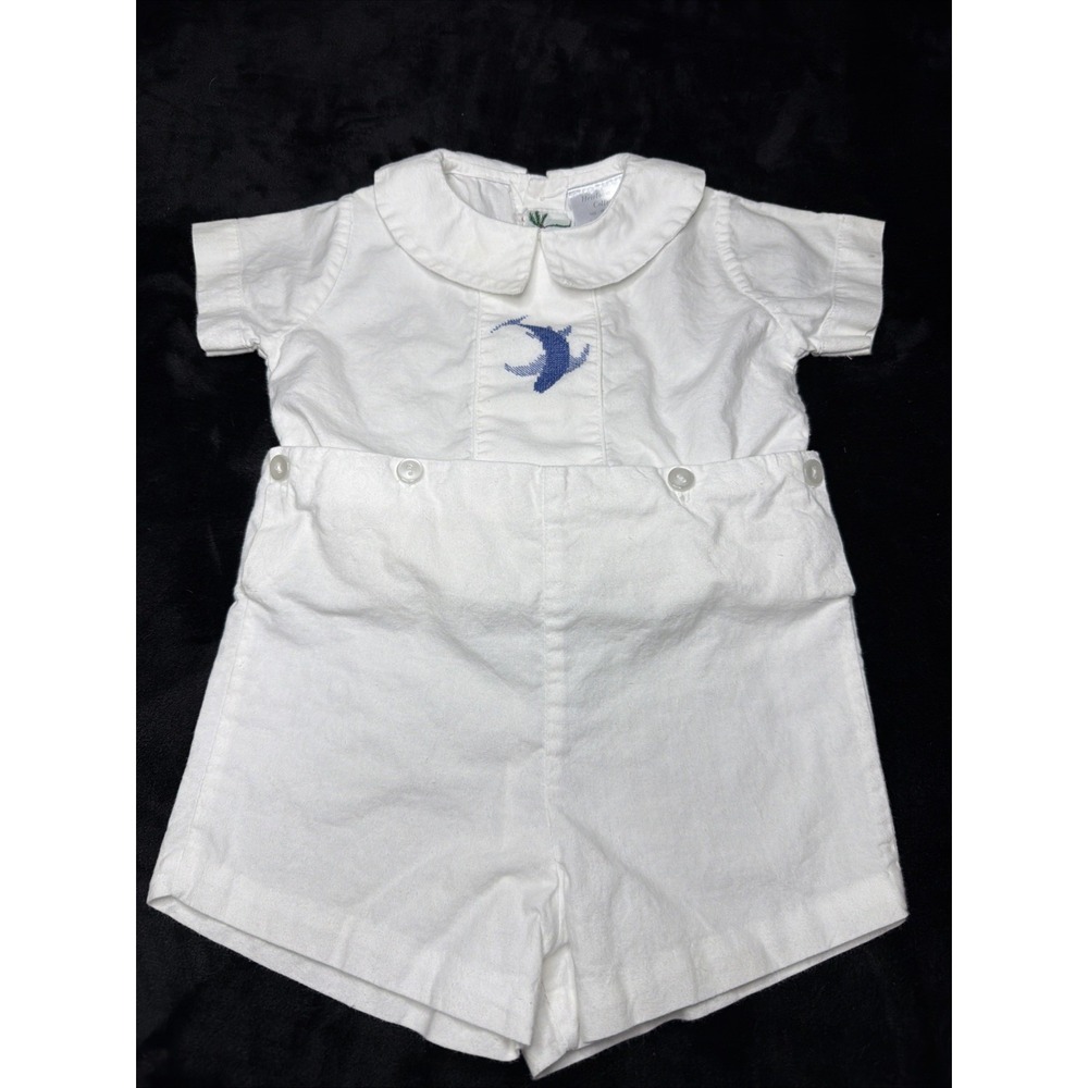 Vintage 1970s Infant Boy's Adorable 2 Piece Button Embroidered White 18 Months